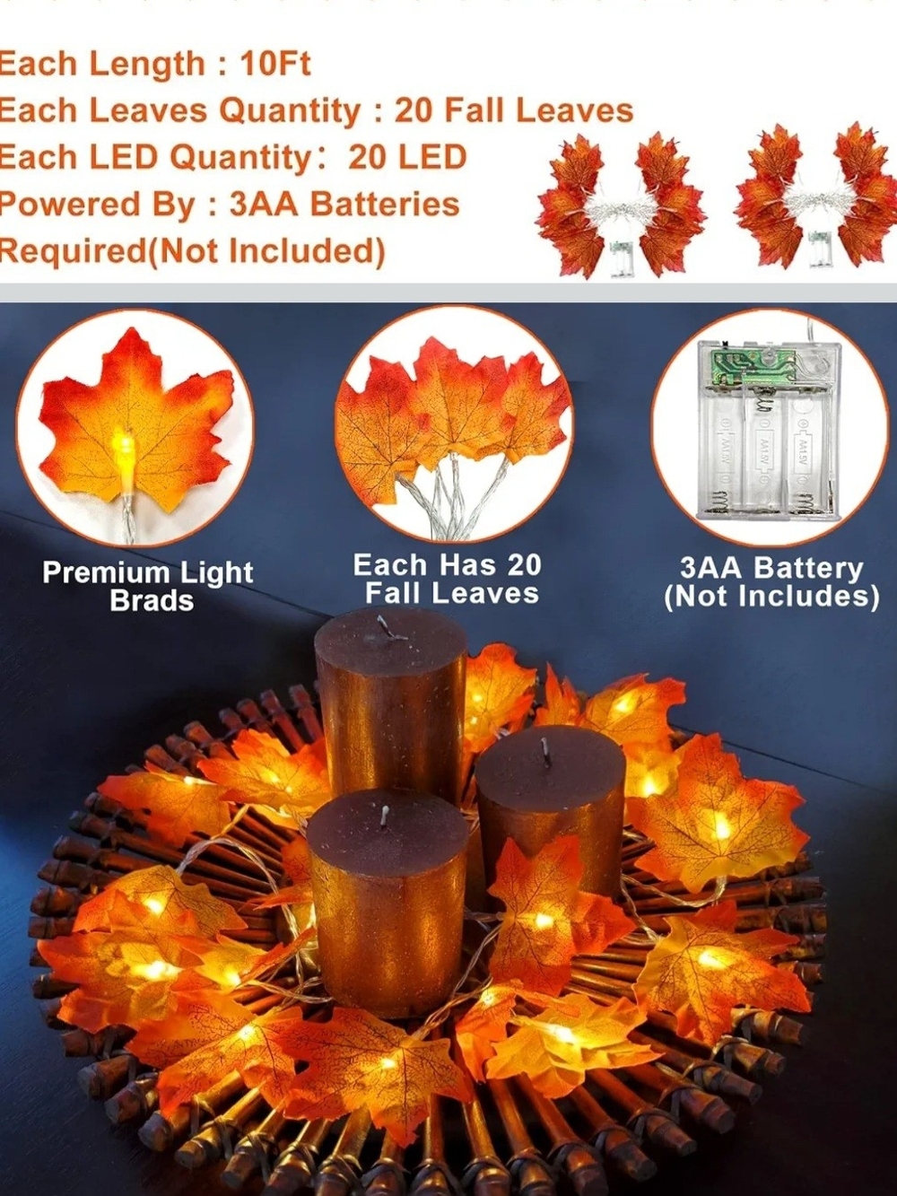 LED Fall Maple Leaf String Lights - Orange Autumn Garland Set Of 2 Boxes